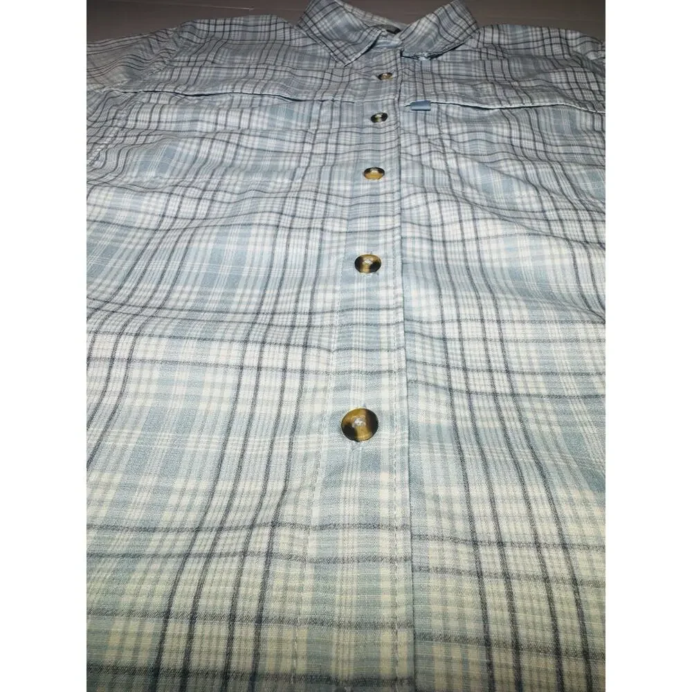LL Bean Woman’s Tropicwear Shirt Size Small Short Sleeve Sky Blue Plaid - Picture 7 of 12